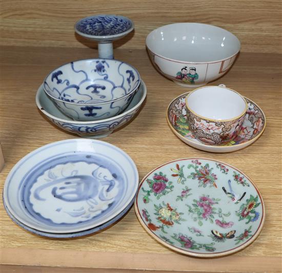 A Chinese Export cup and saucer and seven other items